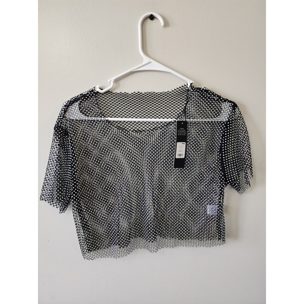 Fashion Nova Amanza Rhinestone Mesh Crop Top Black Iridescent Festival XS NWT